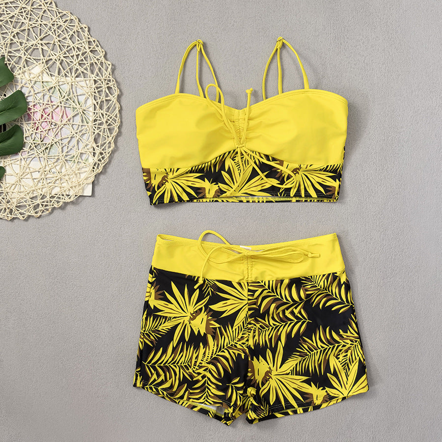 Women's Lace Printing Swimsuit with Split High Waist Boxer Design