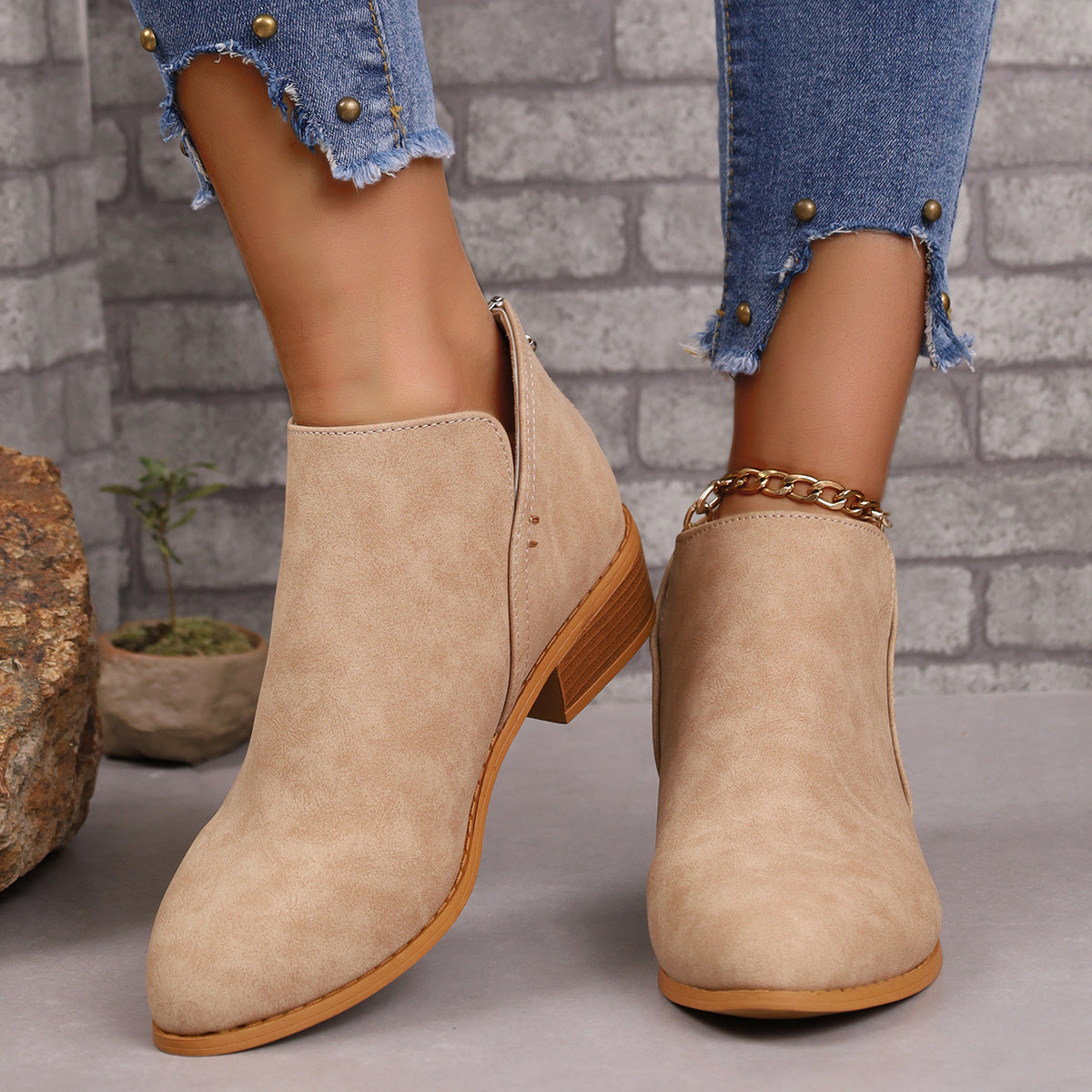 Chunky Heel Ankle Boots with V-Cut Design for Women - Fashionable Fall Winter Short Boots