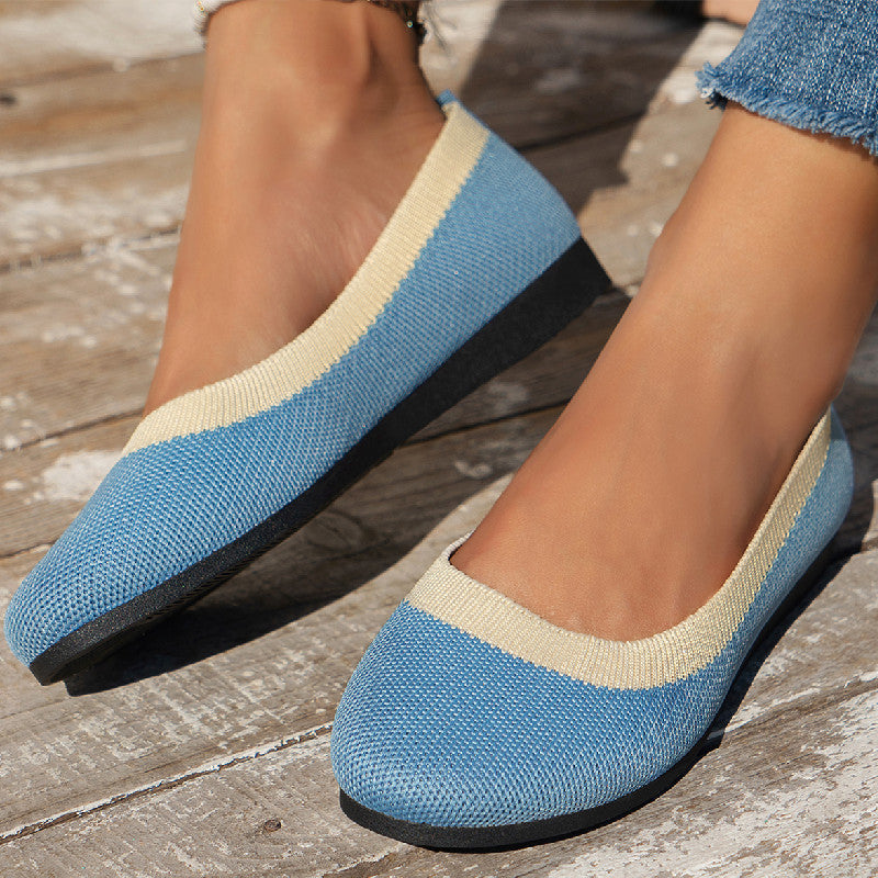 Knit Slip-on Work Shoes: Breathable Low-cut Pumps Flat Round Toe Flying Woven Design