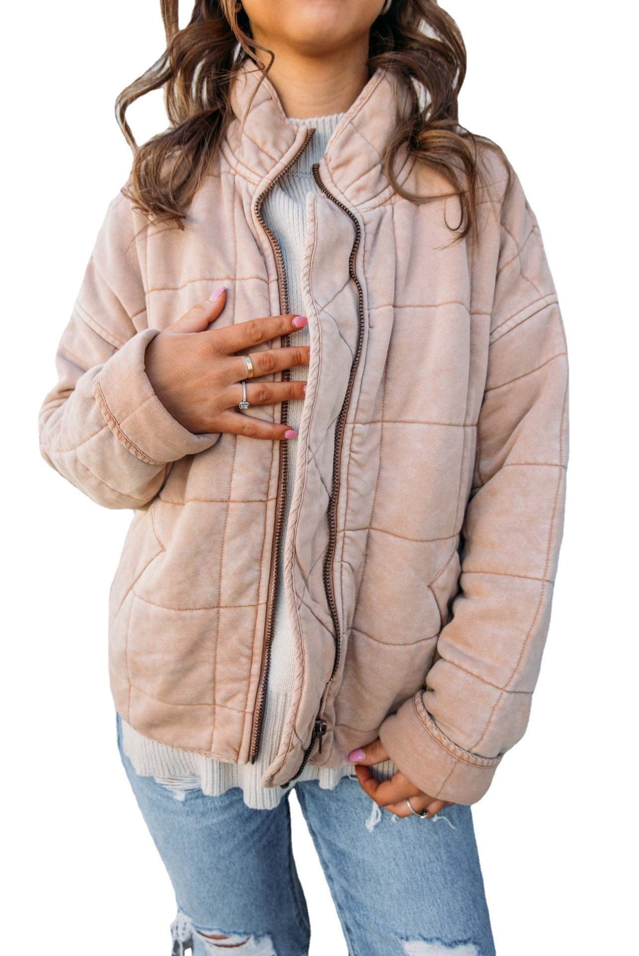 Stand Collar Cotton Jacket - Loose Long Sleeve Coat