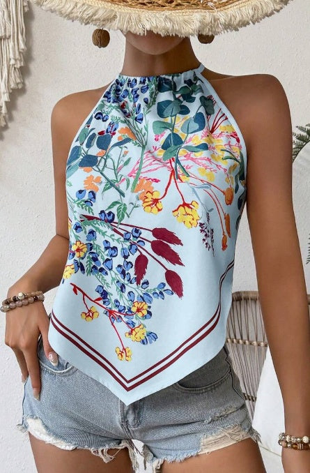 Printed Notched Neck Tank Top - Sleeveless Stylish Apparel