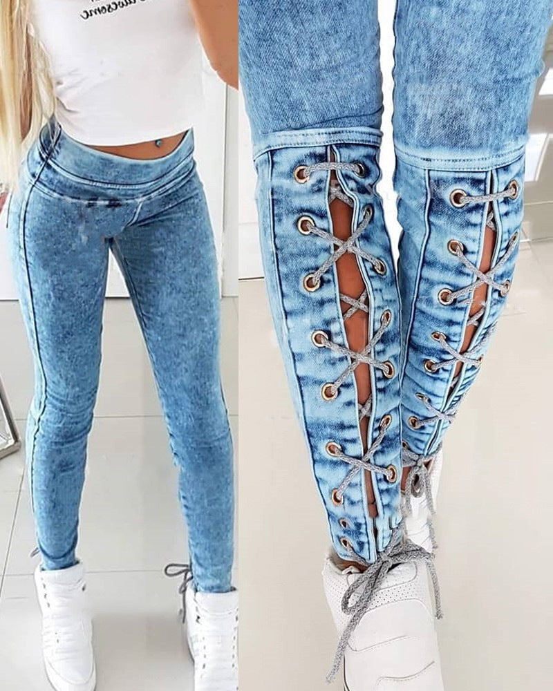 Women's High Waist Lace-up Jeans - Stretch Skinny Fit for Ultimate Style