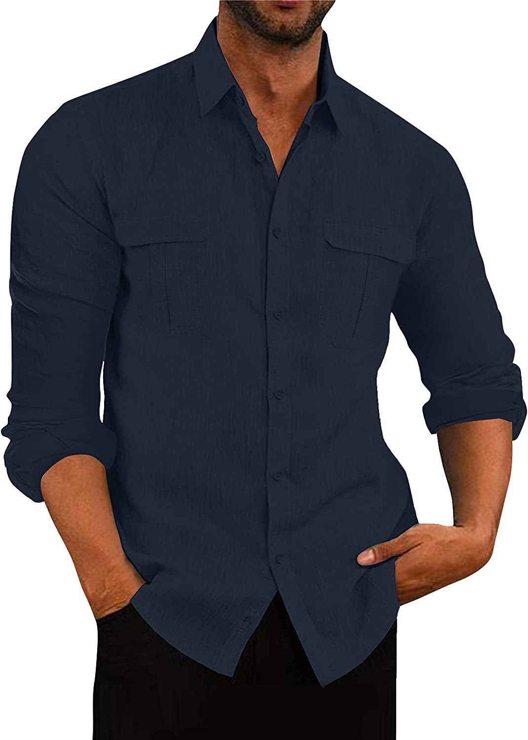 Men's Cotton Linen Shirt with Double Pockets for Casual Wear