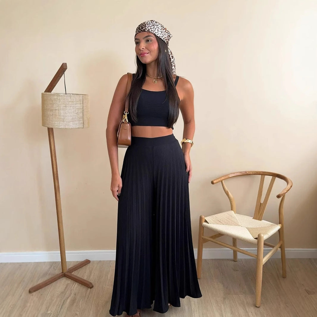 Camisole Wide Leg Pants Set - Pleated Loose Fit Two-piece Outfit