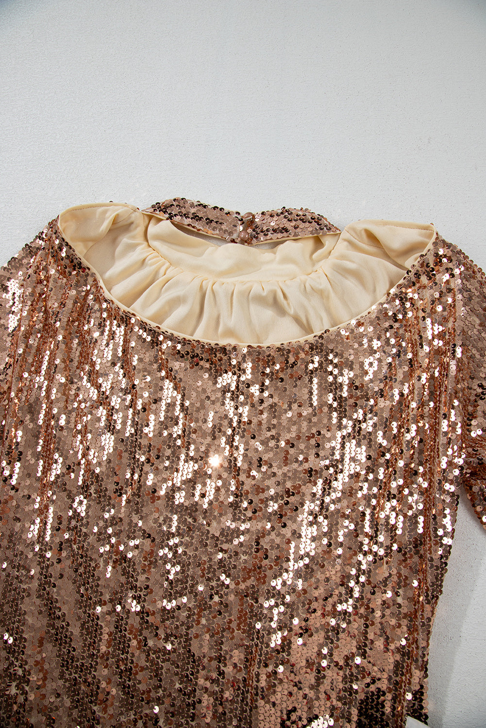 Gold Sequined Mini Dress with Long Sleeves and Cutout Back