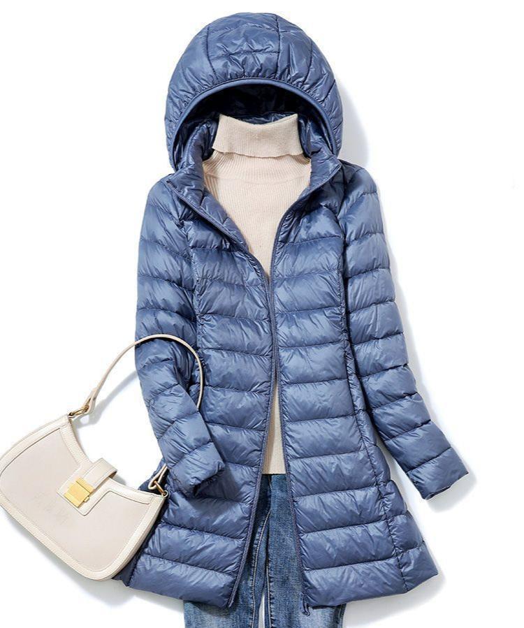 Down Jacket Women's Lightweight Down Jacket Mid-Length Hooded Warm with Detachable Hat