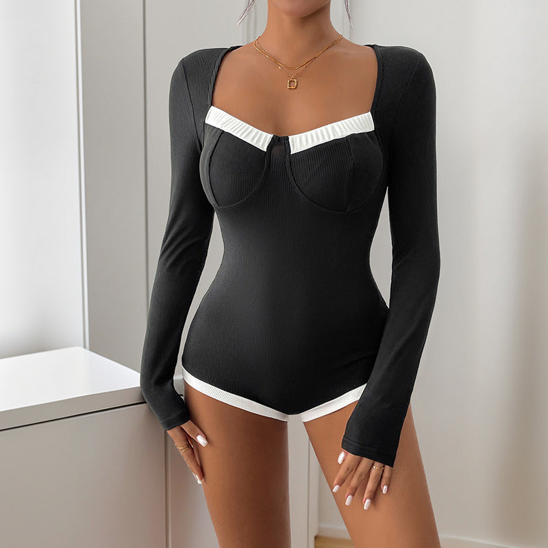 Long Sleeve Knitted Jumpsuit with Square-neck Contrast Color Design