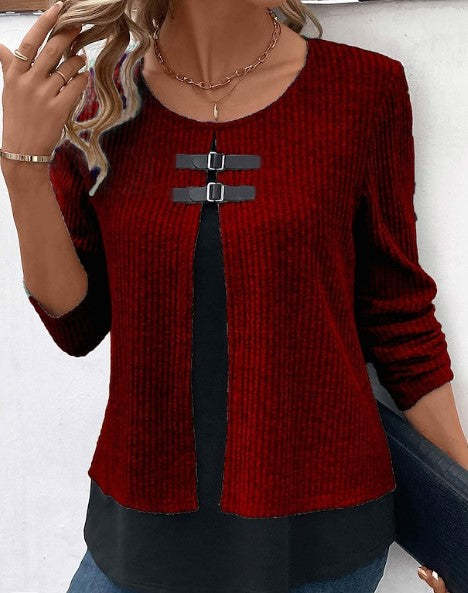 Sunken Stripe Leather Knitted Two-Piece Top with Long Sleeve Design