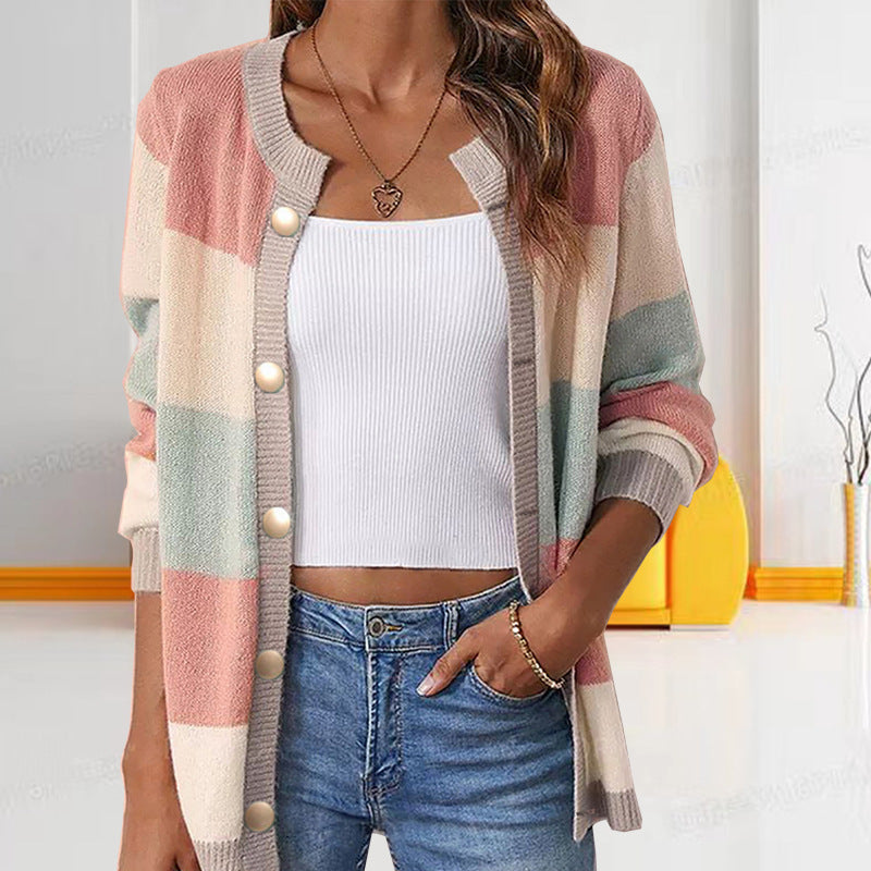 Women's Loose Sweater Coat - Color Matching Temperament Crew Neck Design