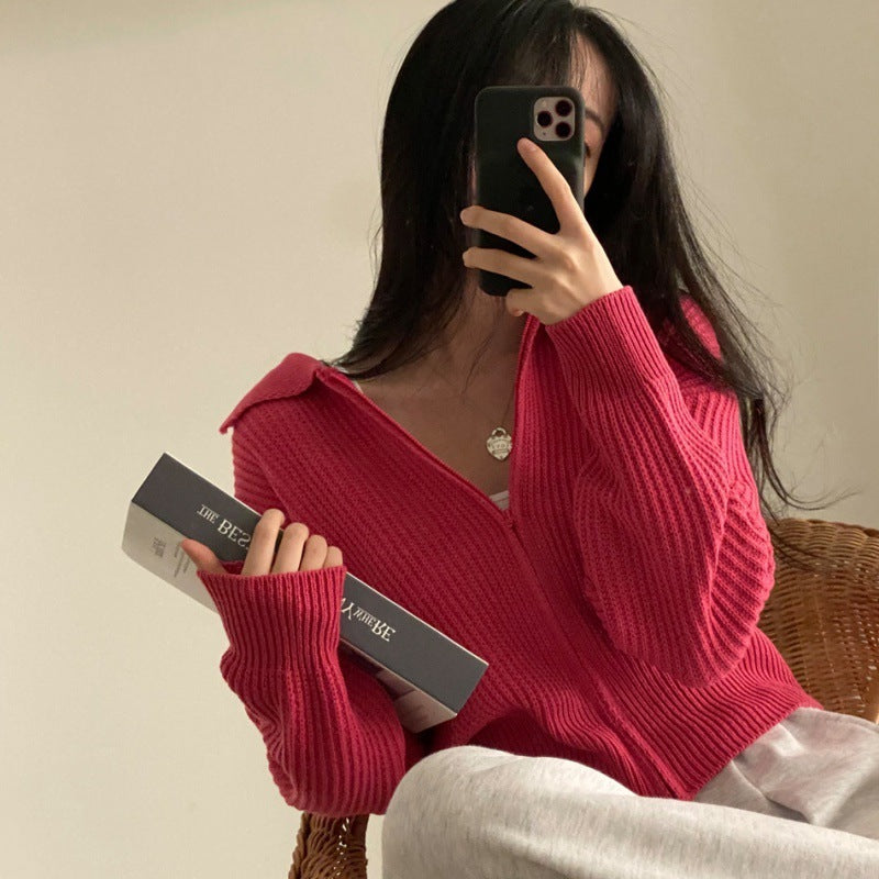 Lapel Zipper Sweater Coat for Casual Versatile Style