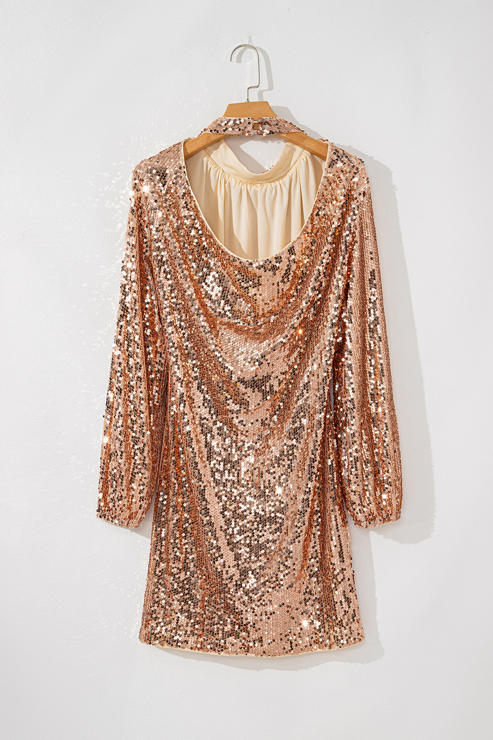 Gold Sequined Mini Dress with Long Sleeves and Cutout Back