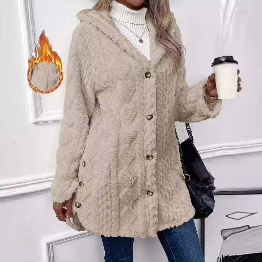 Hooded Button Cardigan Long Sleeve Solid Colour Coat