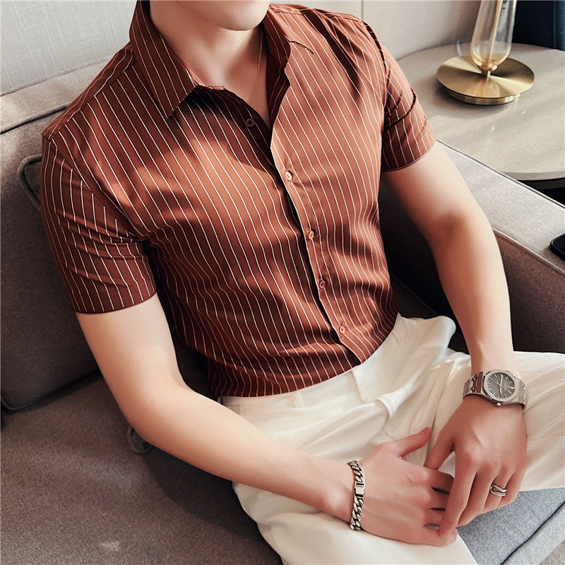 Men's Ice Silk Shirt - Leisure Short Sleeve Striped Design