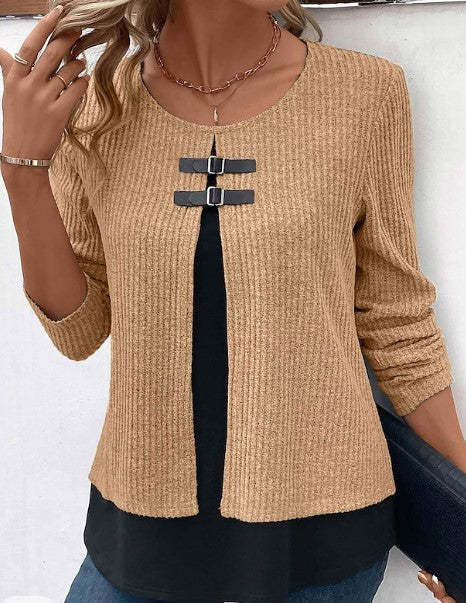 Sunken Stripe Leather Knitted Two-Piece Top with Long Sleeve Design