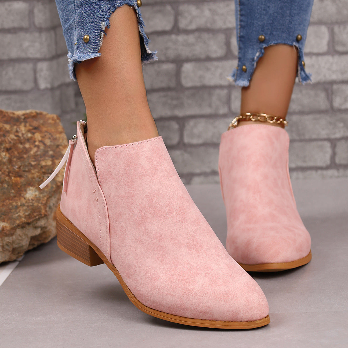 Chunky Heel Ankle Boots with V-Cut Design for Women - Fashionable Fall Winter Short Boots