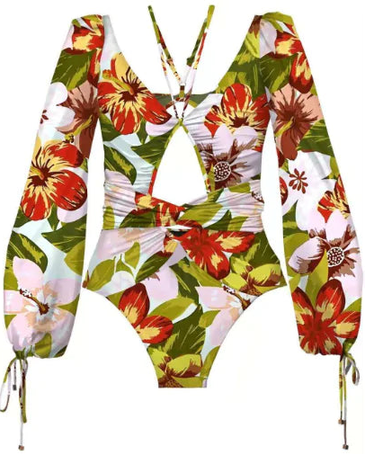 Vintage One Piece Swimsuit Long Sleeve Women's Plus Size Bathing Suit Monokini Summer Print Bandage - Store 48