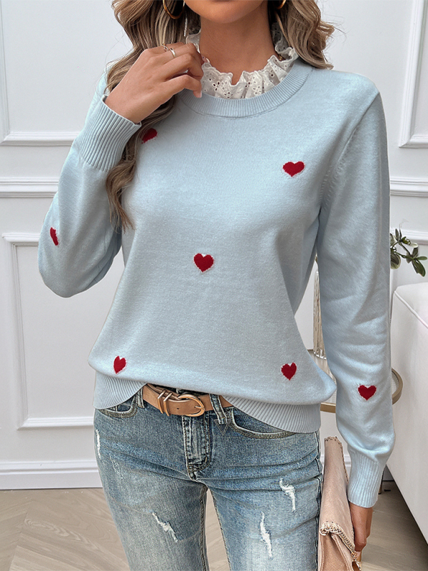Women's Temperament Embroidered Love Heart Sweater - Casual Long Sleeve