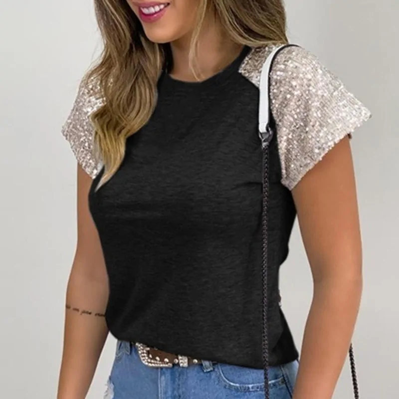 Sequined Summer Blouse O-Neck Short Sleeve Slim Fit - Store 48