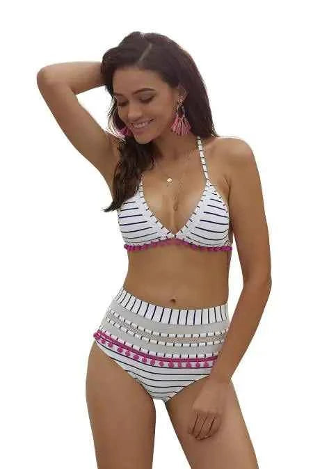 Blue White Striped Bikini with Pom Poms