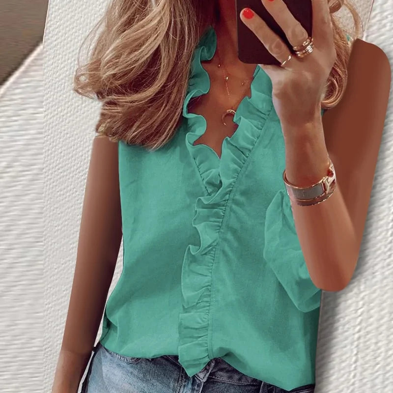 Pineapple Print Summer Tank Top with Ruffles and V-neck for Women - Store 48