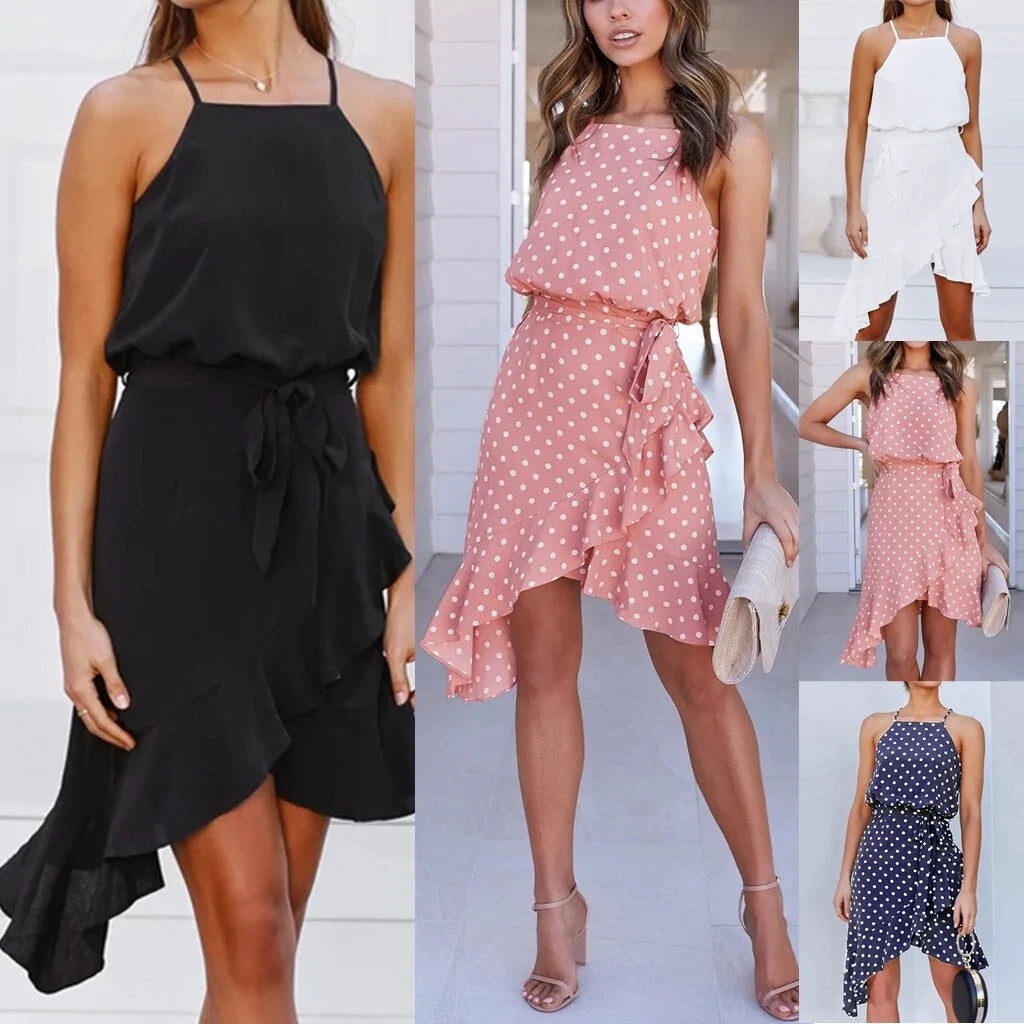 Summer Polka Dot Mini Dress with Ruffle Split Design #D3