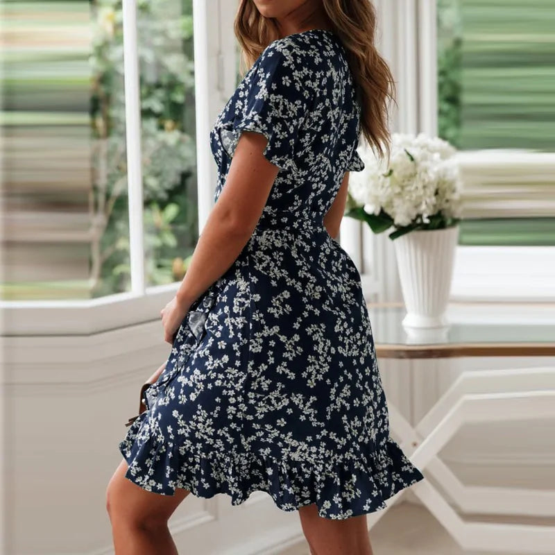 Aachoae Floral Mini Dress for Women - Summer V-Neck Floral Print Mini Dress