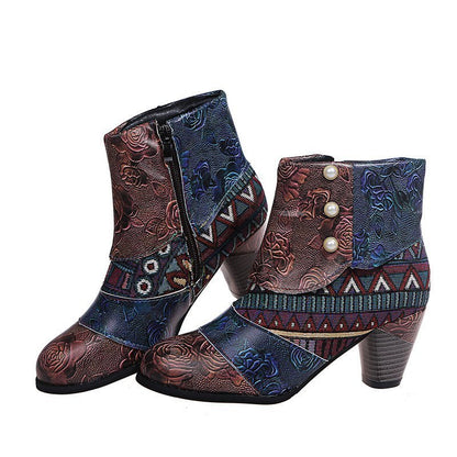 Print Ankle Boots for Women - Chunky Mid Heel Side Zipper Shoes