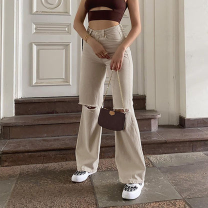Casual Wide-leg Ripped Denim Pants High-waist Trousers