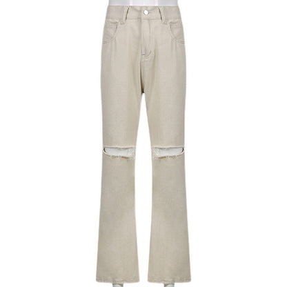 Casual Wide-leg Ripped Denim Pants High-waist Trousers