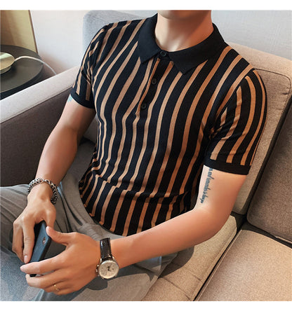 Men's Striped Polo Shirt - Fashionable Wide Striped Short-Sleeved Shirt