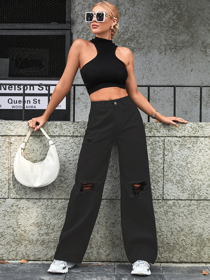Women's Fashion High Waist Denim Trousers with Holes