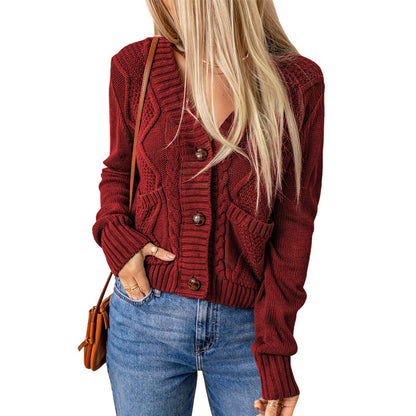Summer Solid Color Knitted Cardigan with Pockets - Button Texture Long Sleeve