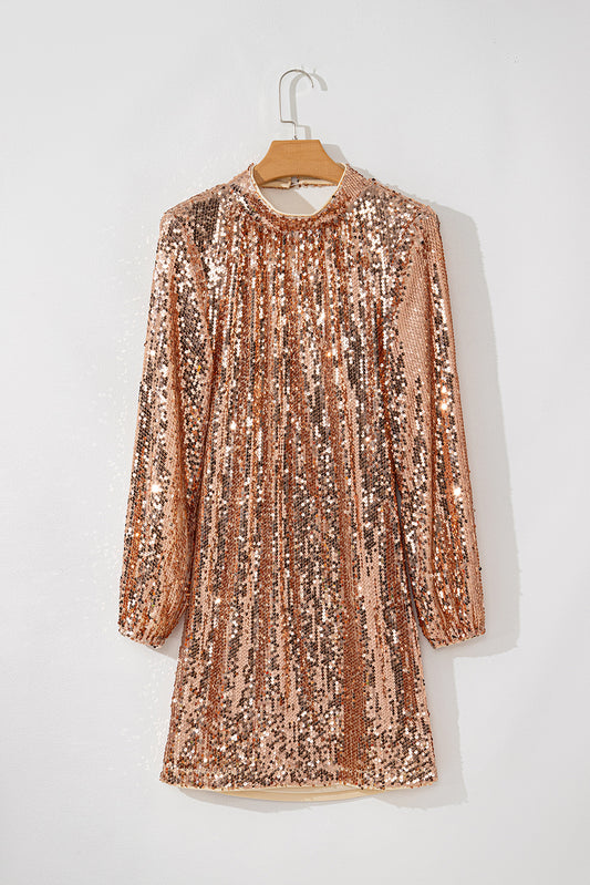 Gold Sequined Mini Dress with Long Sleeves and Cutout Back