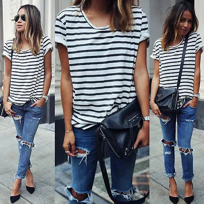 New Fashion Women Ladies Casual Short Sleeve Loose Summer Striped