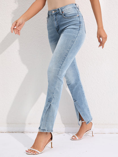 Commuter Stretch Washed Jeans - Fashionable Split Straight Pants