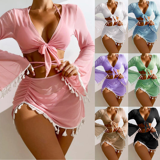 4pcs Solid Color Bikini Set with Short Skirt and Long Sleeve Cover-up Fashion Bow Tie Fringed Summer Beach Womens Clothing