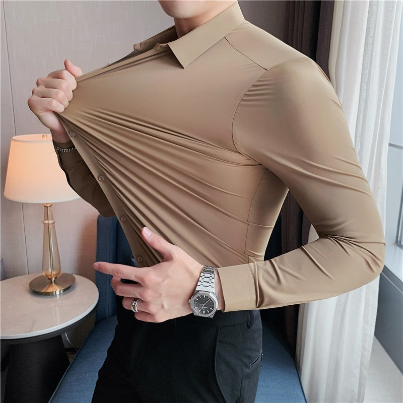 Seamless Elastic Vertical Men's Shirt Long Sleeve Solid Color Men's Shirt