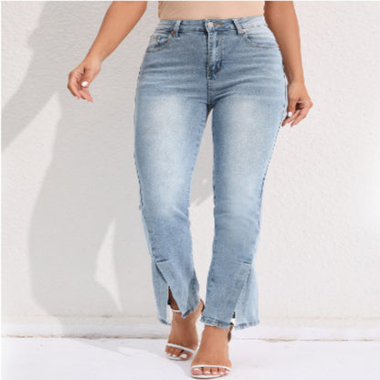 Commuter Stretch Washed Jeans - Fashionable Split Straight Pants