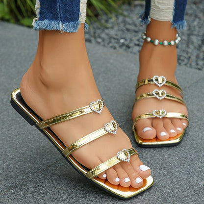 Women's Rhinestone Flat Sandals with Strap and Square Toe