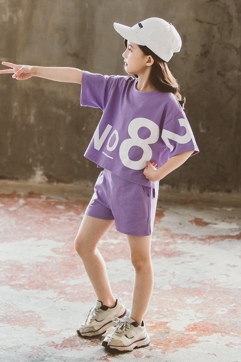 Loose Children's Wear Girl Short-sleeved Big Kids Sports Two-piece Suit