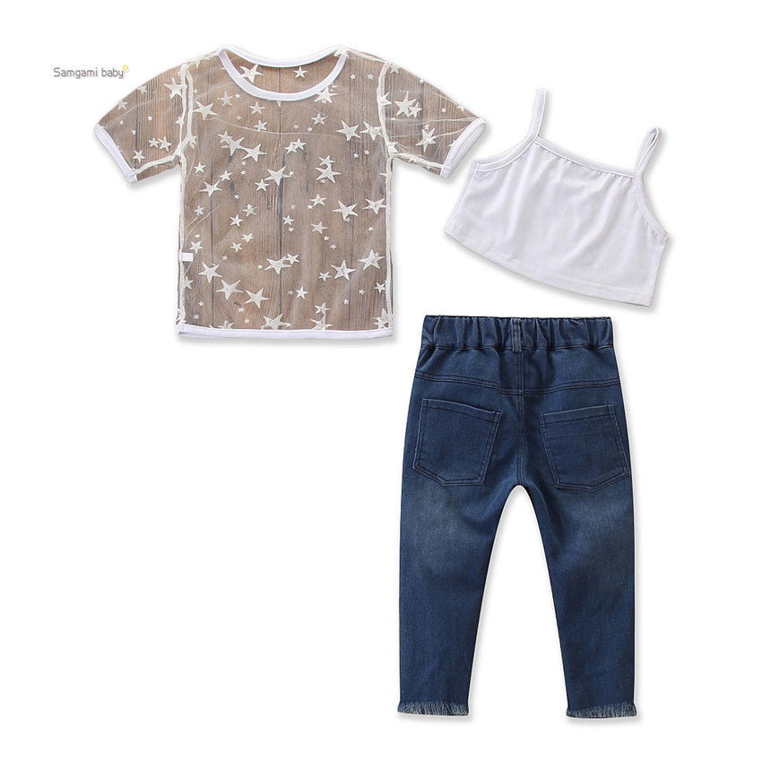 Toddler Kids Girls Short Sleeve Star T-shirt Tops Hole Denim pants pearl Jeans 2PCS Clothing Set