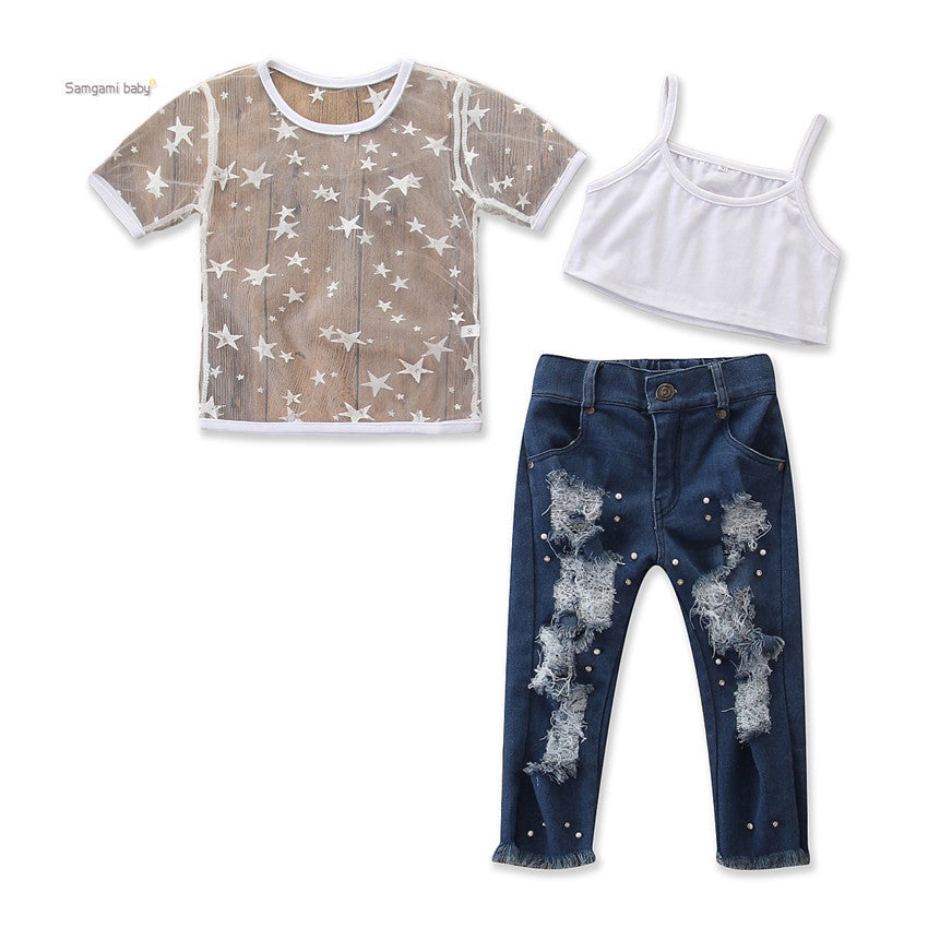 Toddler Kids Girls Short Sleeve Star T-shirt Tops Hole Denim pants pearl Jeans 2PCS Clothing Set