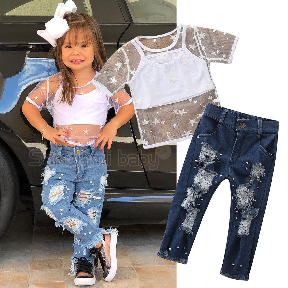 Toddler Kids Girls Short Sleeve Star T-shirt Tops Hole Denim pants pearl Jeans 2PCS Clothing Set