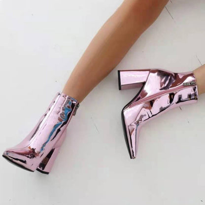 Silver Short Boots Women High-Heeled Patent Leather Mid-Tube Thick-Heeled Fashion Footwear