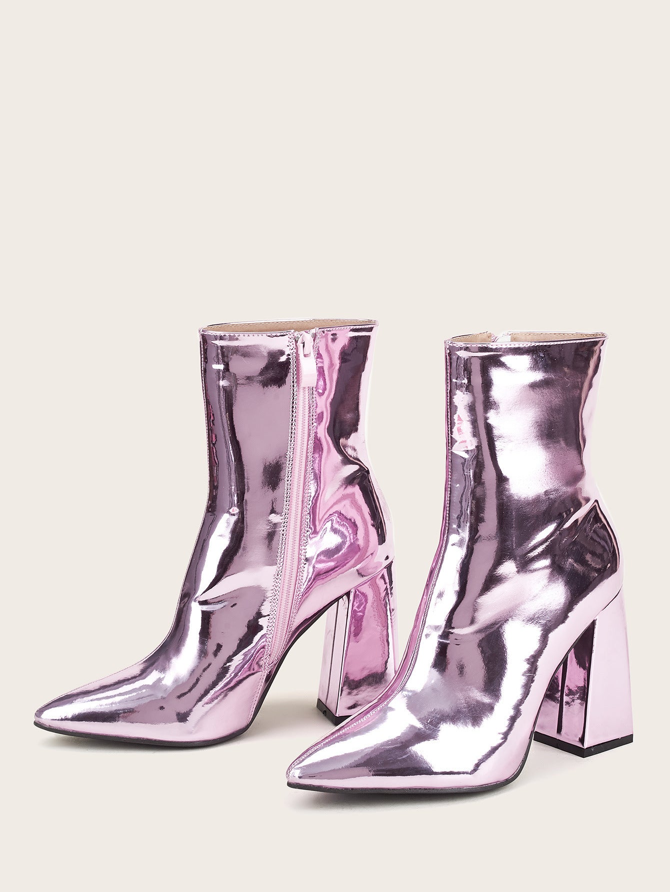 Silver Short Boots Women Autumn And Winter Pointed Toe Thin Boots Women High-heeled Mid-tube Fashion Patent Leather Thick-heeled Martin Boots