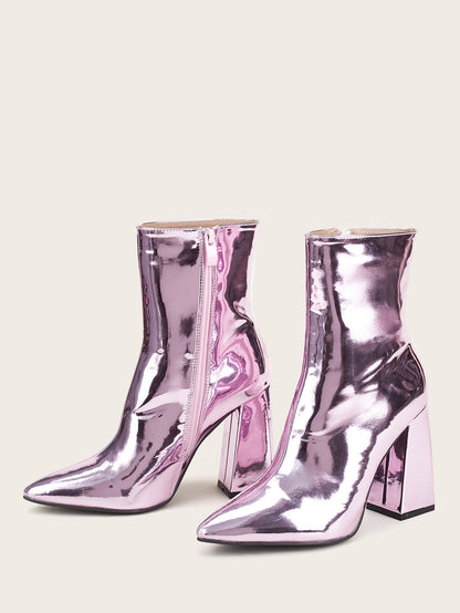 Silver Short Boots Women High-Heeled Patent Leather Mid-Tube Thick-Heeled Fashion Footwear