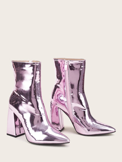 Silver Short Boots Women High-Heeled Patent Leather Mid-Tube Thick-Heeled Fashion Footwear