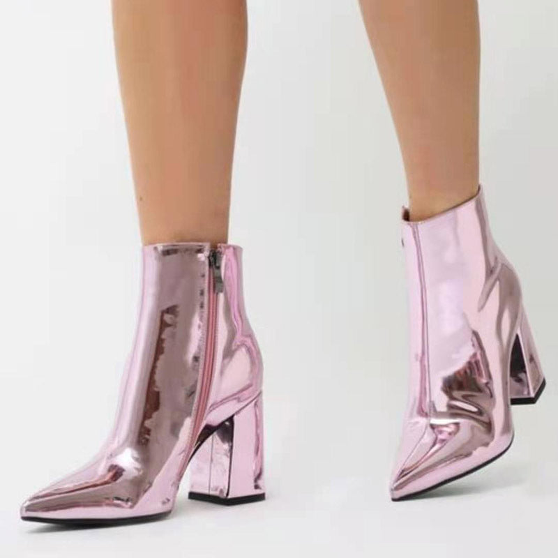 Silver Short Boots Women Autumn And Winter Pointed Toe Thin Boots Women High-heeled Mid-tube Fashion Patent Leather Thick-heeled Martin Boots