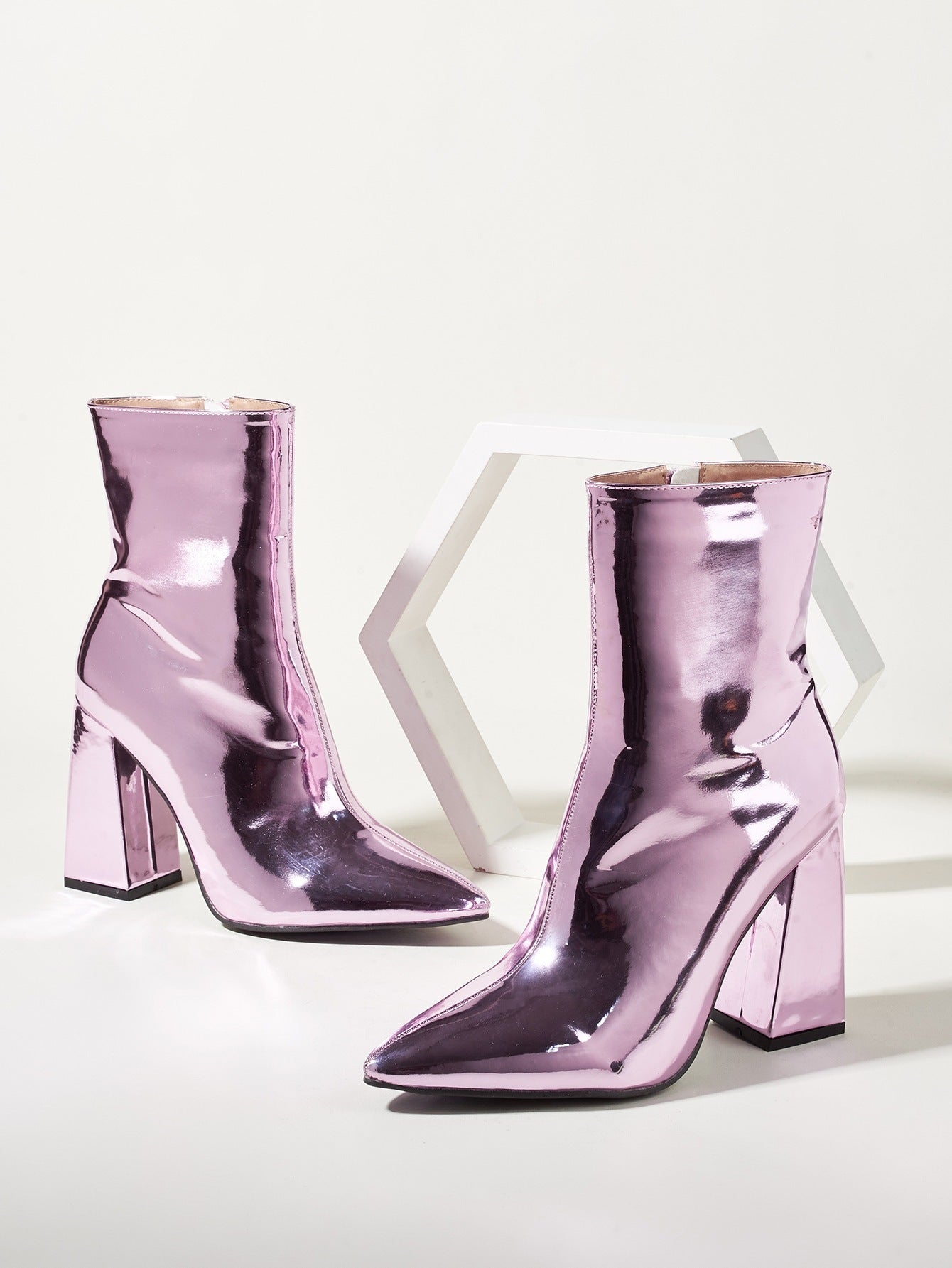 Silver Short Boots Women High-Heeled Patent Leather Mid-Tube Thick-Heeled Fashion Footwear