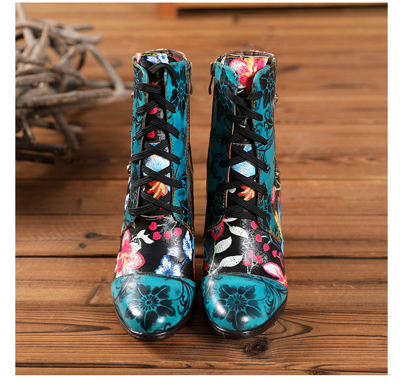 Beautiful Women Boots Autumn And Winter Fashion Ethnic Leather Handmade Retro Floral Shoes High-Heeled Boots